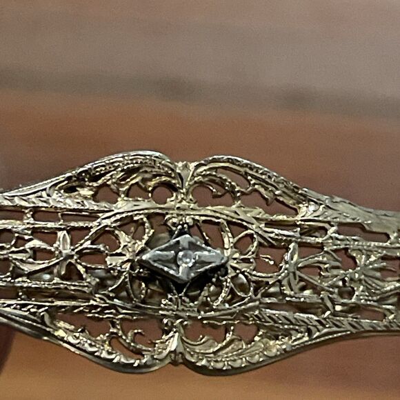 Vintage 12K Gold Filled Filigree Bar Rope Chain Bracelet with Center Diamond - Picture 10 of 13